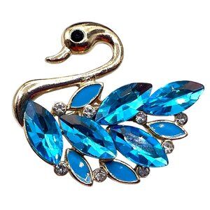 Vintage Swan Shaped Gold Tone Brooch Blue Rhinestones Enamel Crystals